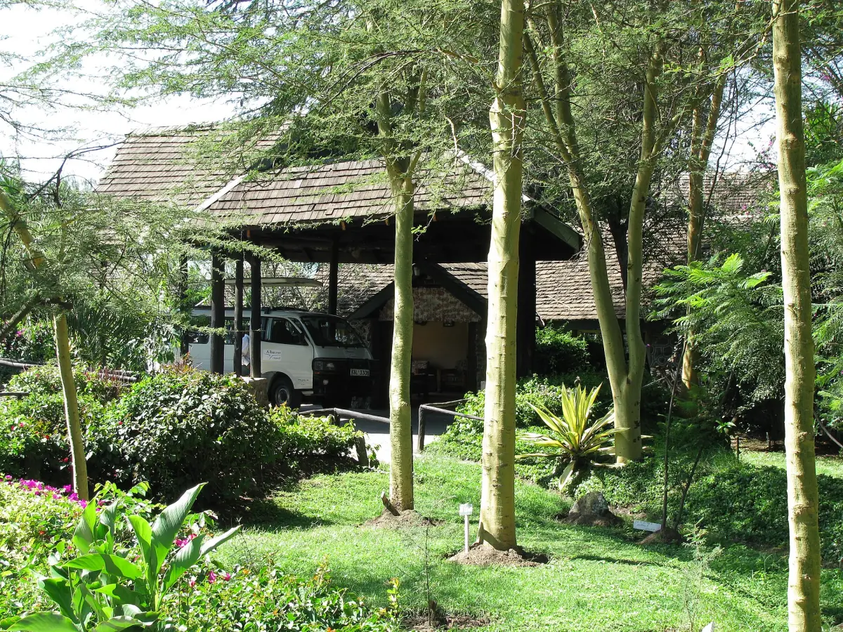 Lodge buildings with thatched roofs among trees and flower beds